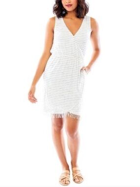 🤍Carve Designs Kendall Boho Mini Dress • Faux Wrap • White Blue Stripes w Fringe